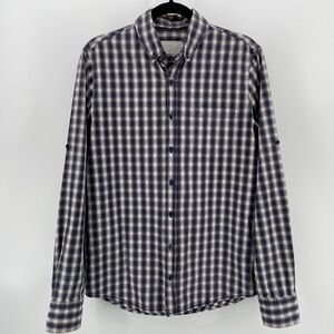 Pull&Bear Men’s Buttoned Shirt Navy White Plaid Long Sleeves M